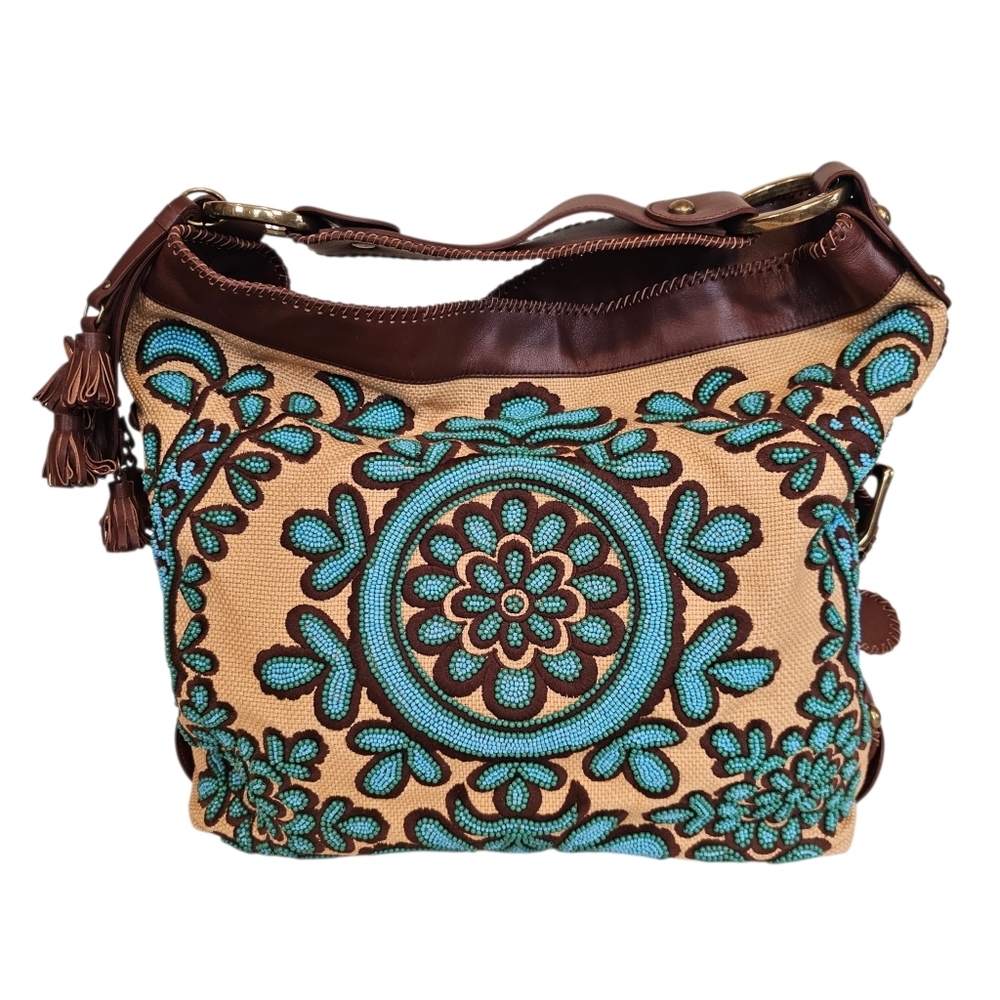 Isabella Foria RARE Turquoise Beaded Bohemian Suzani Carina Large Hobo Bag - Picture 7 of 16